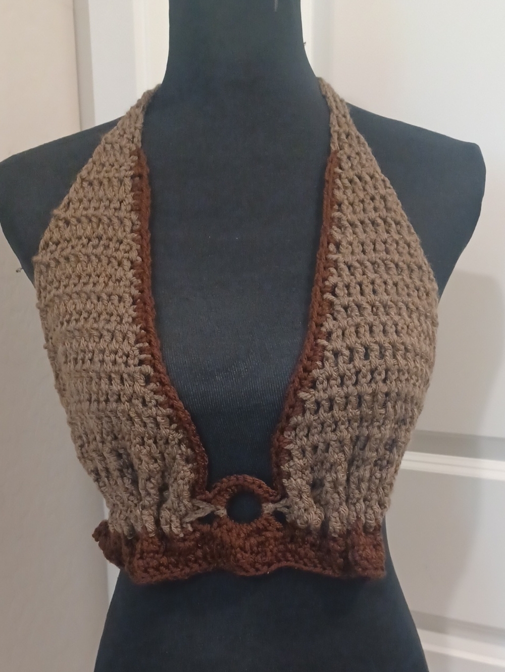 Handcrafted Brown Crochet Off-the-Shoulder Halter Sweater Top